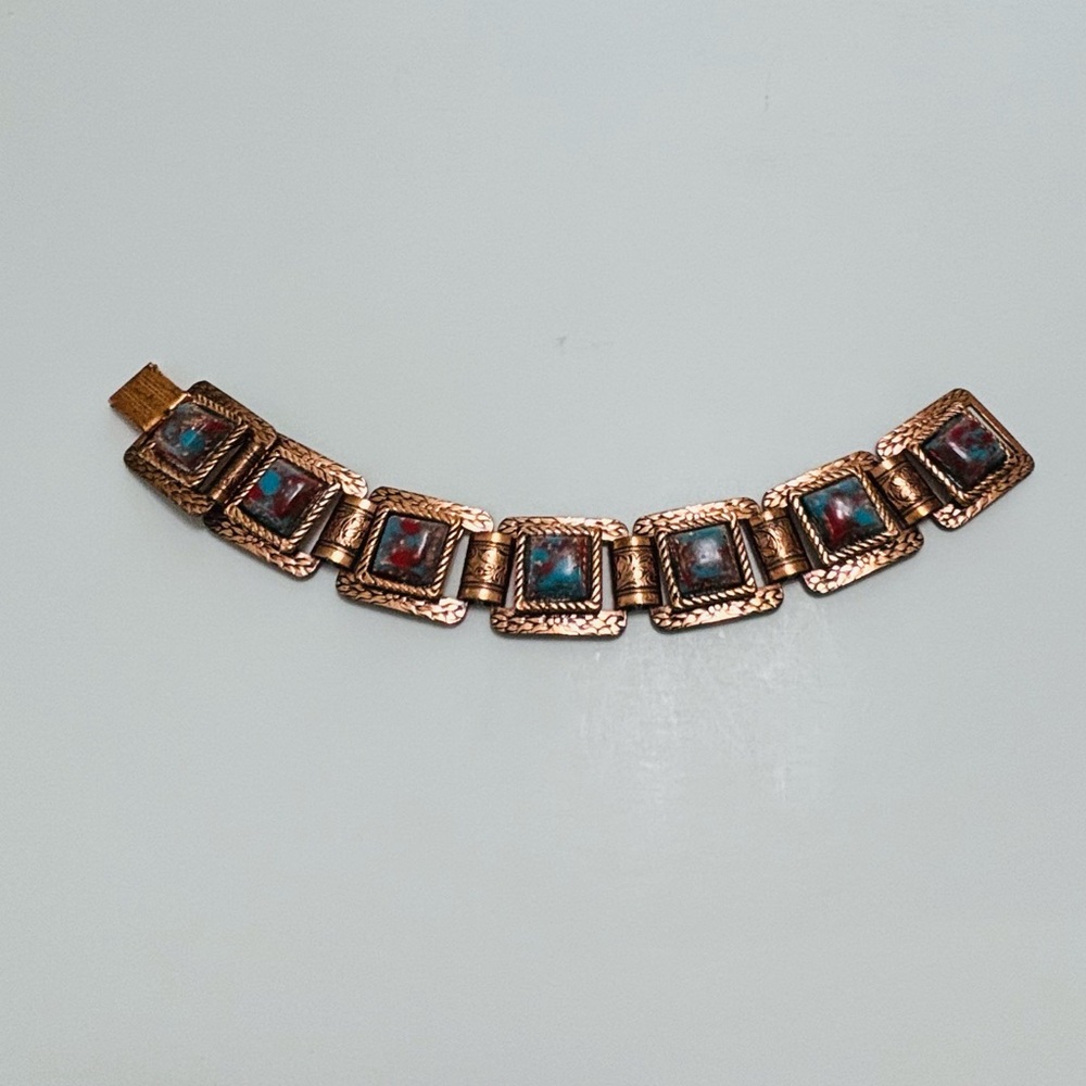 Vintage Copper Panel Bracelet Faux Turquoise Boho